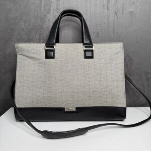 Tumi Gray Canvas Black Leather Trim Laptop Briefcase Work Bag with Red Lining